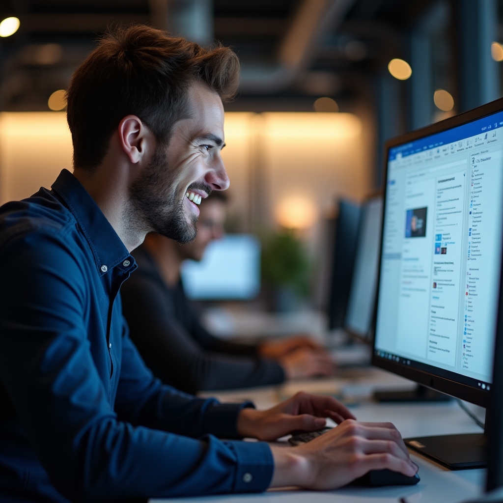 Angajat corporativ utilizând Microsoft 365 pe un laptop modern